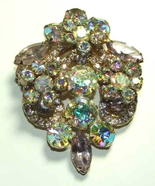 Vintage Crystal Aurora Borealis and Lavender Rhinestone Brooch Pin
