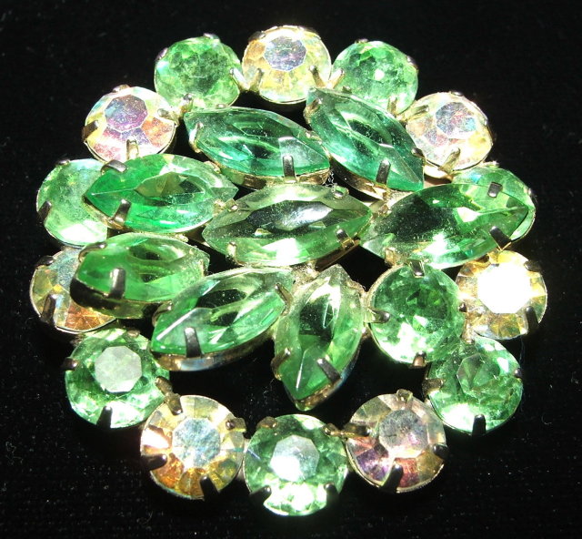 Pretty Vintage Peridot Green and Aurora Borealis Rhinestone Brooch / Pin