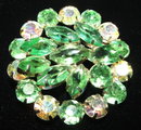 Pretty Vintage Peridot Green and Aurora Borealis Rhinestone Brooch / Pin