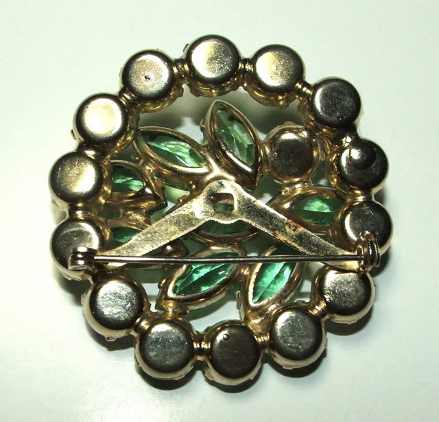 Pretty Vintage Peridot Green and Aurora Borealis Rhinestone Brooch / Pin