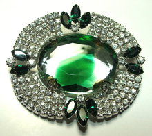 Elegant Emerald & Green Rhinestone Brooch / Pin with Large Center Stone