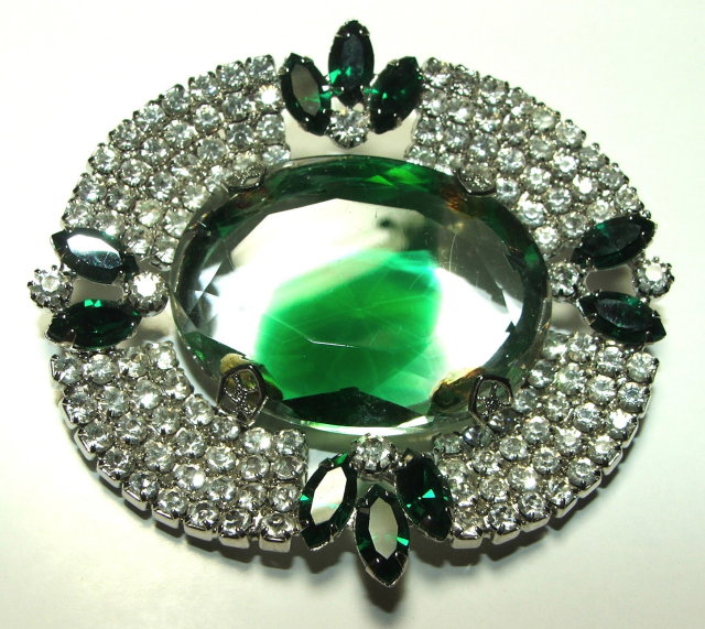 Elegant Emerald & Green Rhinestone Brooch / Pin with Large Center Stone