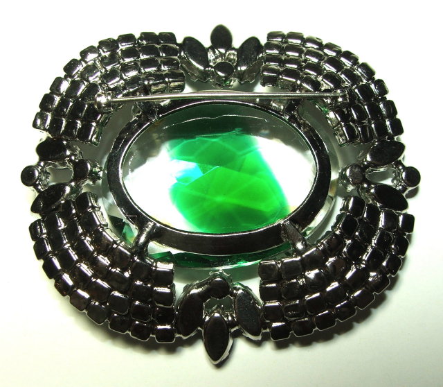 Elegant Emerald & Green Rhinestone Brooch / Pin with Large Center Stone