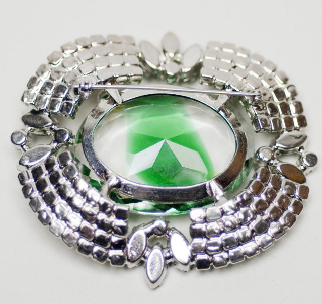 Elegant Emerald & Green Rhinestone Brooch / Pin with Large Center Stone