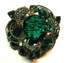 Vintage / Antique Emerald Green Glass & Pewter Filigree Brooch / Pin