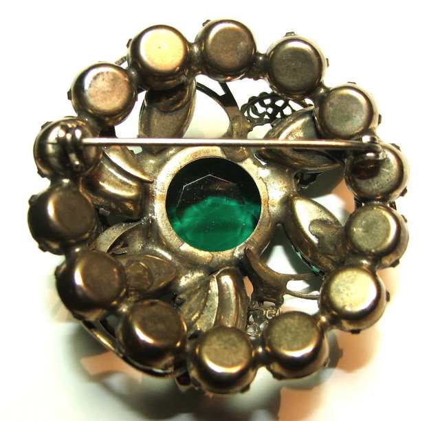 Vintage / Antique Emerald Green Glass & Pewter Filigree Brooch / Pin
