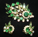 Vintage Green Glass & Aurora Borealis Rhinestone Floral Spray Broach and Earrings