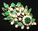Vintage Green Glass & Aurora Borealis Rhinestone Floral Spray Broach and Earrings