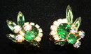 Vintage Green Glass & Aurora Borealis Rhinestone Floral Spray Broach and Earrings