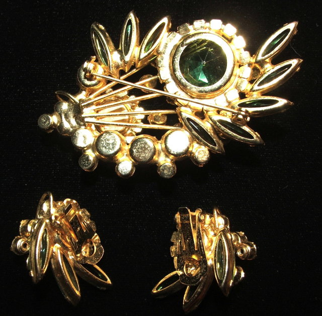 Vintage Green Glass & Aurora Borealis Rhinestone Floral Spray Broach and Earrings