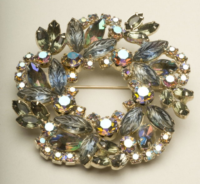 Vintage Light Sapphire, Smoke, and Aurora Borealis Rhinestone Wreath Brooch