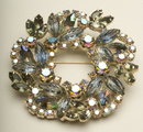 Vintage Light Sapphire, Smoke, and Aurora Borealis Rhinestone Wreath Brooch