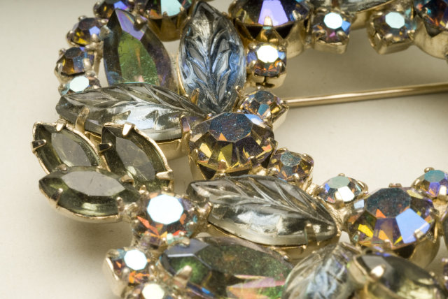 Vintage Light Sapphire, Smoke, and Aurora Borealis Rhinestone Wreath Brooch