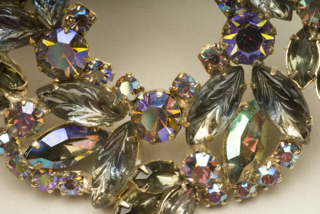 Vintage Light Sapphire, Smoke, and Aurora Borealis Rhinestone Wreath Brooch
