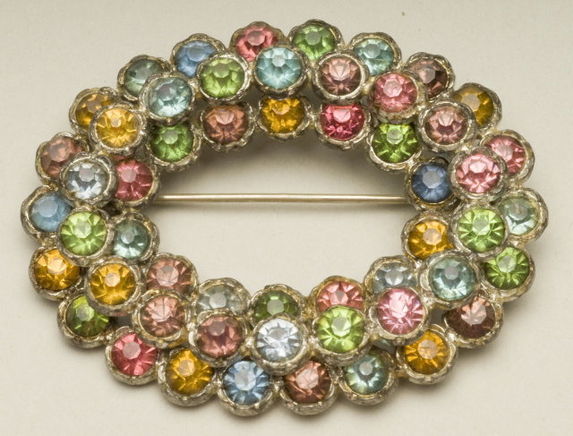 Vintage Multi-Color Rhinestone Oval Wreath Brooch