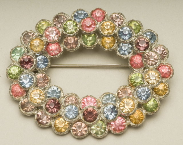 Vintage Multi-Color Rhinestone Oval Wreath Brooch