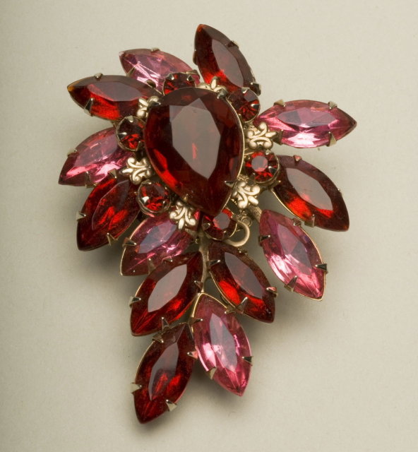 Vintage Ruby and Rose Marquise and Pear-Shaped Rhinestone Brooch