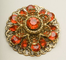 Vintage Hyacinth Glass Rhinestone and Goldtone Filigree Brooch