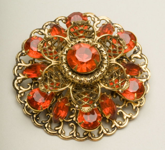 Vintage Hyacinth Glass Rhinestone and Goldtone Filigree Brooch