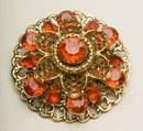 Vintage Hyacinth Glass Rhinestone and Goldtone Filigree Brooch