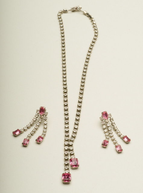 Vintage Crystal Rhinestone and Rose Emerald-Cut Glass Choker and Dangle Earrings