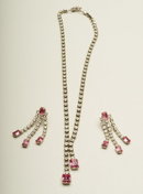 Vintage Crystal Rhinestone and Rose Emerald-Cut Glass Choker and Dangle Earrings