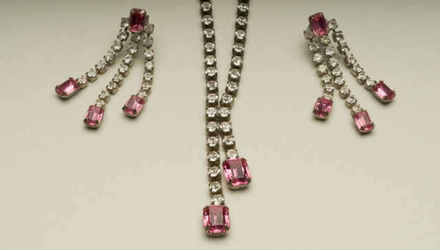 Vintage Crystal Rhinestone and Rose Emerald-Cut Glass Choker and Dangle Earrings