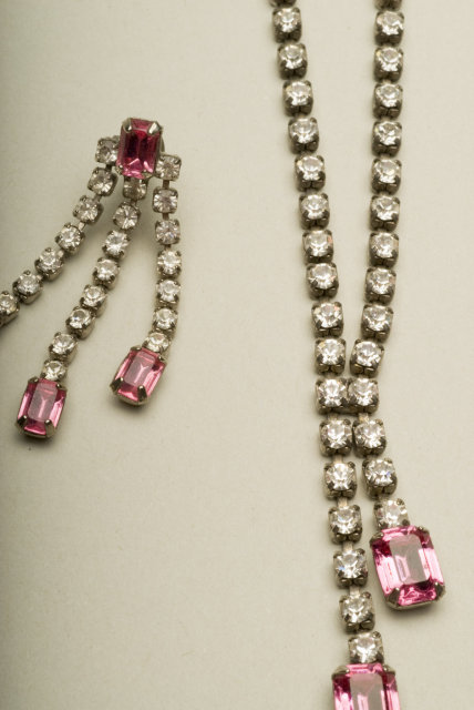 Vintage Crystal Rhinestone and Rose Emerald-Cut Glass Choker and Dangle Earrings