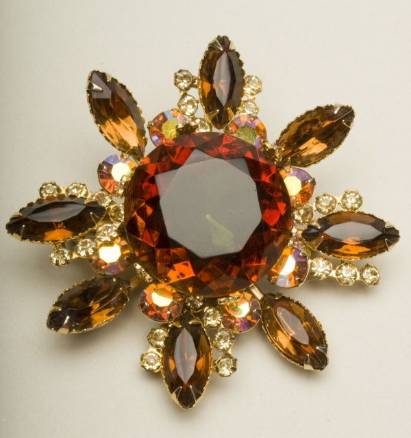 Vintage Smoked Topaz, Aurora Borealis, & Crystal Rhinestone Starburst Brooch