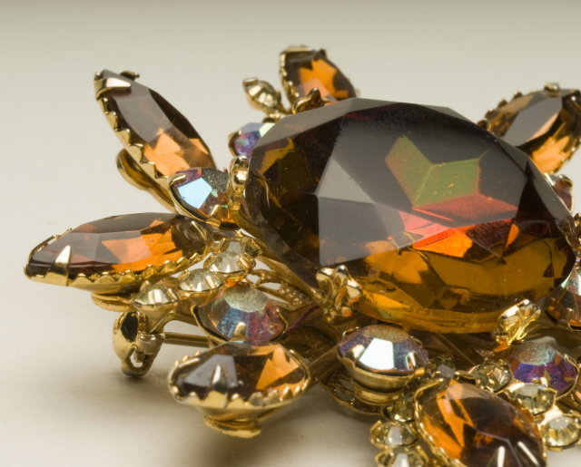 Vintage Smoked Topaz, Aurora Borealis, & Crystal Rhinestone Starburst Brooch