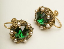 Antique Czech Emerald Glass, Faux Pearl, & Brass Filigree Earrings