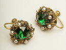 Antique Czech Emerald Glass, Faux Pearl, & Brass Filigree Earrings