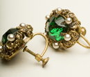 Antique Czech Emerald Glass, Faux Pearl, & Brass Filigree Earrings