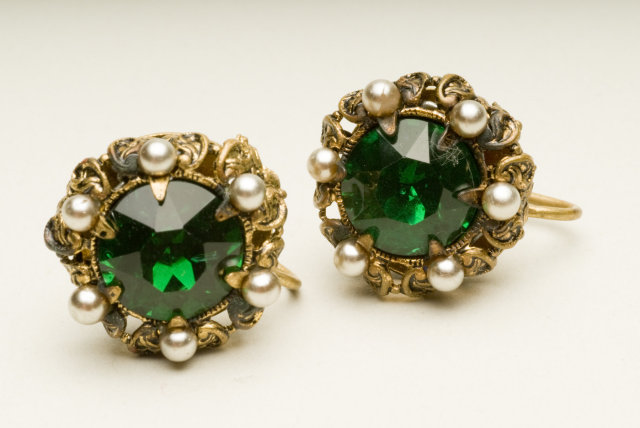 Antique Czech Emerald Glass, Faux Pearl, & Brass Filigree Earrings