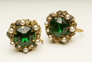 Antique Czech Emerald Glass, Faux Pearl, & Brass Filigree Earrings