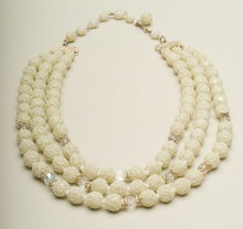 Vintage Three Strand White Sugar Bead & Crystal Necklace