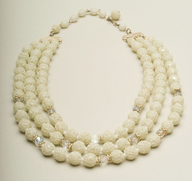 Vintage Three Strand White Sugar Bead & Crystal Necklace