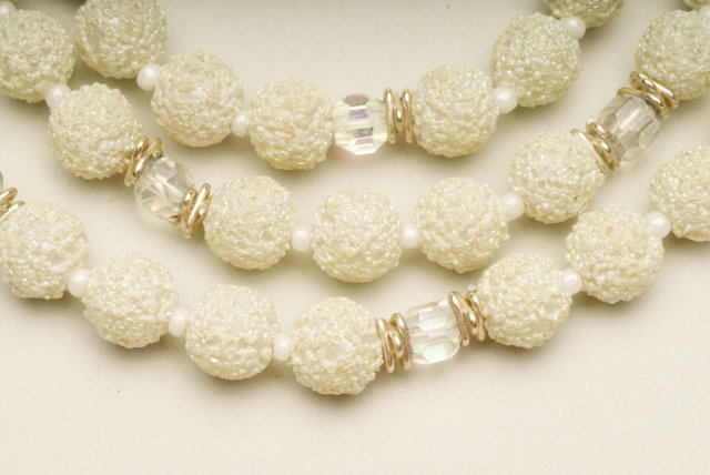 Vintage Three Strand White Sugar Bead & Crystal Necklace