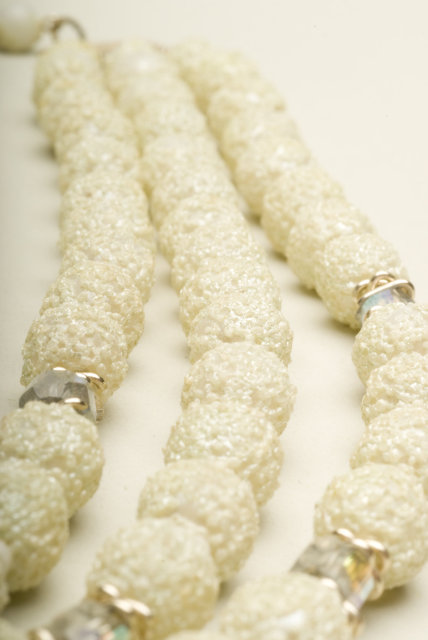 Vintage Three Strand White Sugar Bead & Crystal Necklace