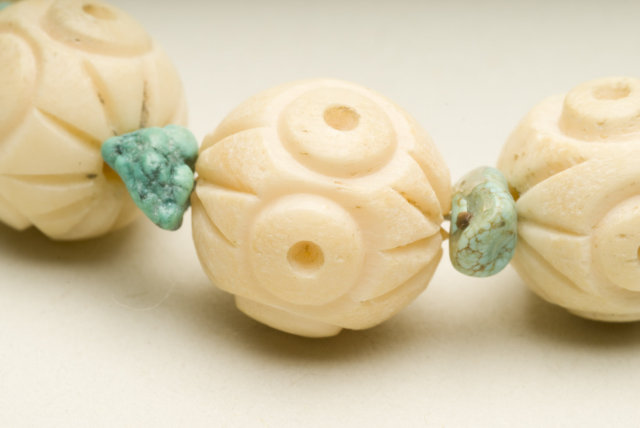 Vintage Carved Ivory Plastic Bead and Turquoise Stone Choker Necklace