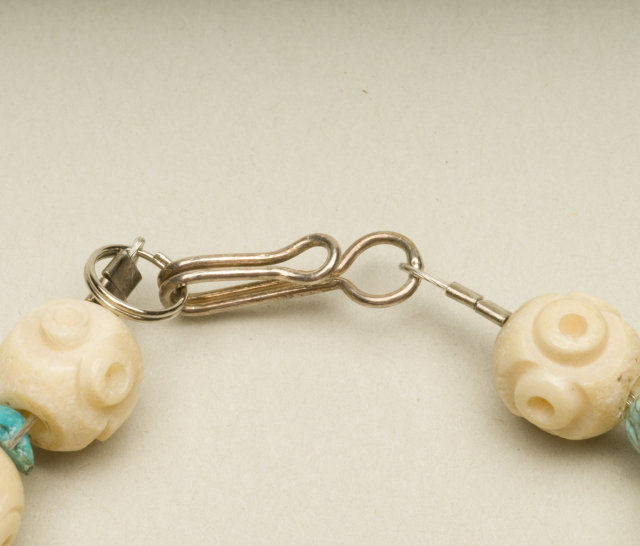 Vintage Carved Ivory Plastic Bead and Turquoise Stone Choker Necklace