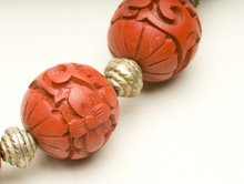 Vintage Carved Cinnabar and Silver Saucer Bead Necklace