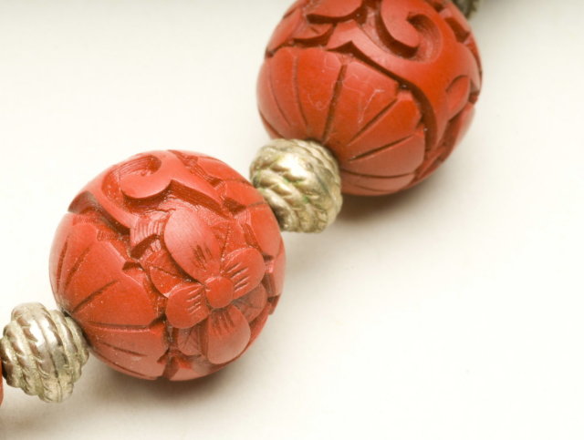 Vintage Carved Cinnabar and Silver Saucer Bead Necklace