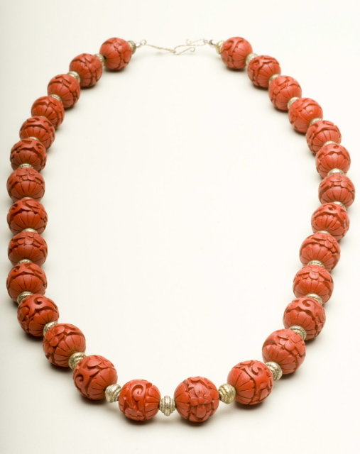 Vintage Carved Cinnabar and Silver Saucer Bead Necklace