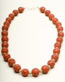 Vintage Carved Cinnabar and Silver Saucer Bead Necklace