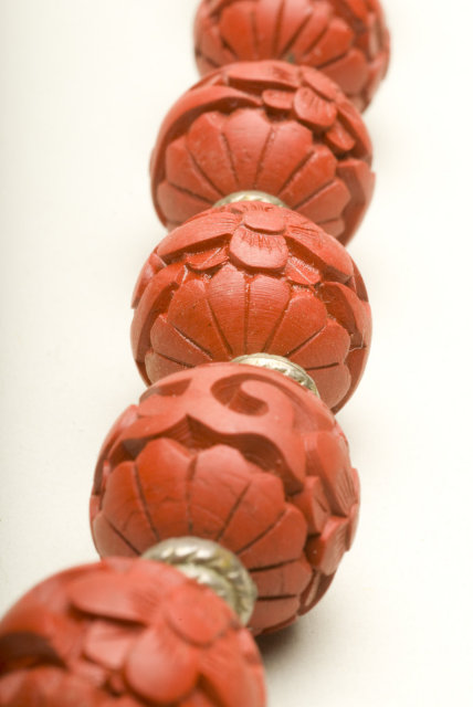 Vintage Carved Cinnabar and Silver Saucer Bead Necklace