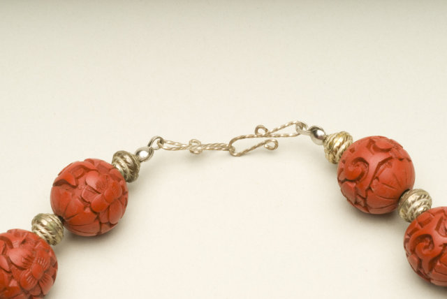 Vintage Carved Cinnabar and Silver Saucer Bead Necklace