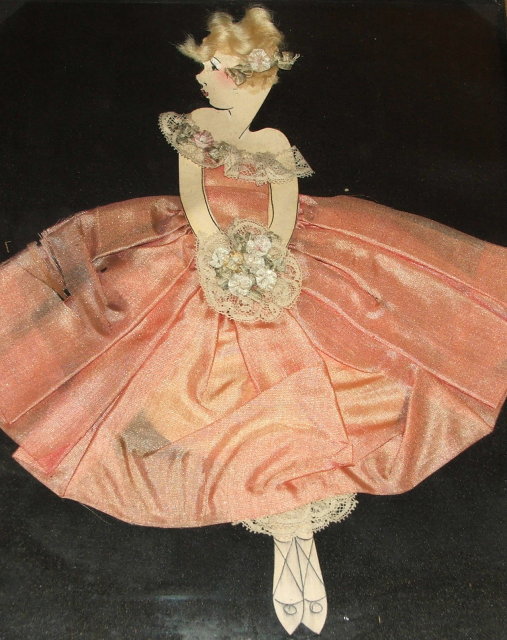 Art Deco Collage Drawing of Girl in Peach Dress