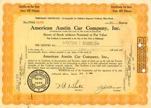American Austin Car Company Temporary Certificate 1929