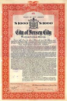 City of Jersey City Water Gold Bond 1911 - Signed by Mayor